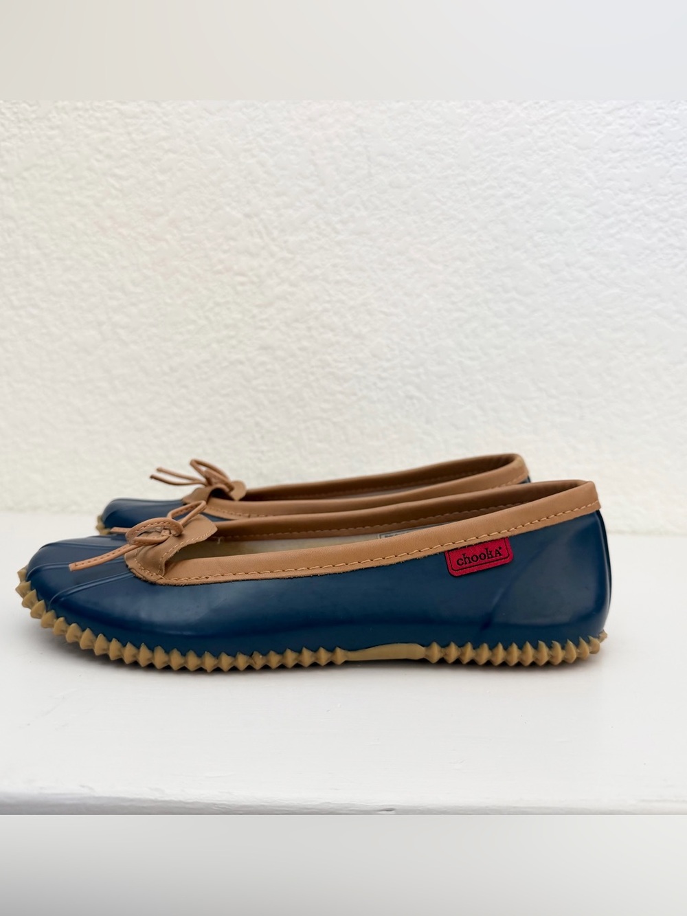 chooka Navy and Tan Women's Ballet Flats with Bow Trim